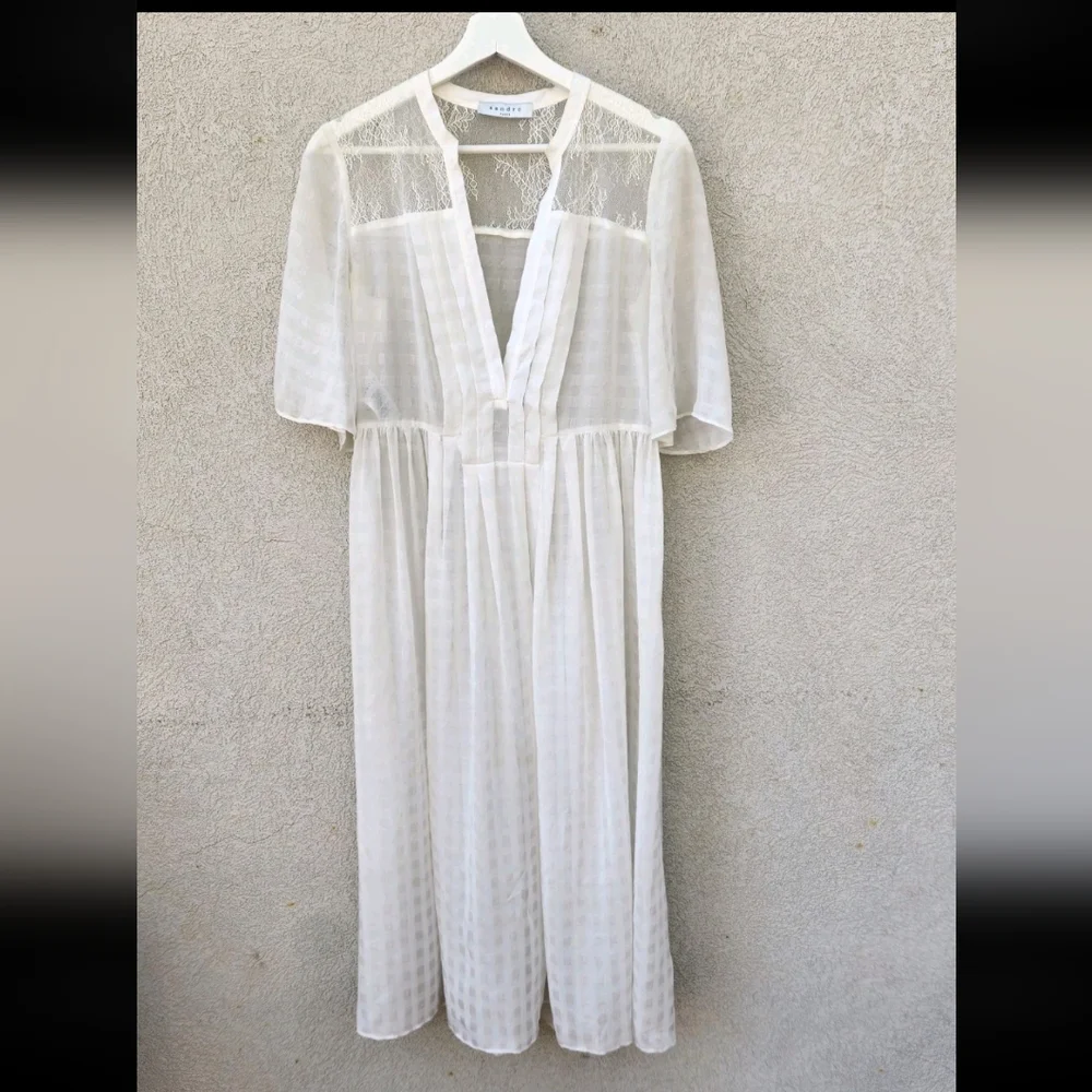 SANDRO Paris Women's Dress US Size 8 White Sheer Embroidered Floral Luxury - Picture 2 of 14